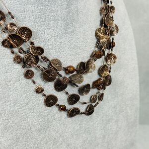 Chicos Necklace Layered Bronze Tone Etched Discs Wire Chain 20" Costume Jewelry